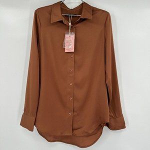 Quince Washable Stretch Silk Long Sleeve Blouse sz S Copper Brown Shirt Top NWT